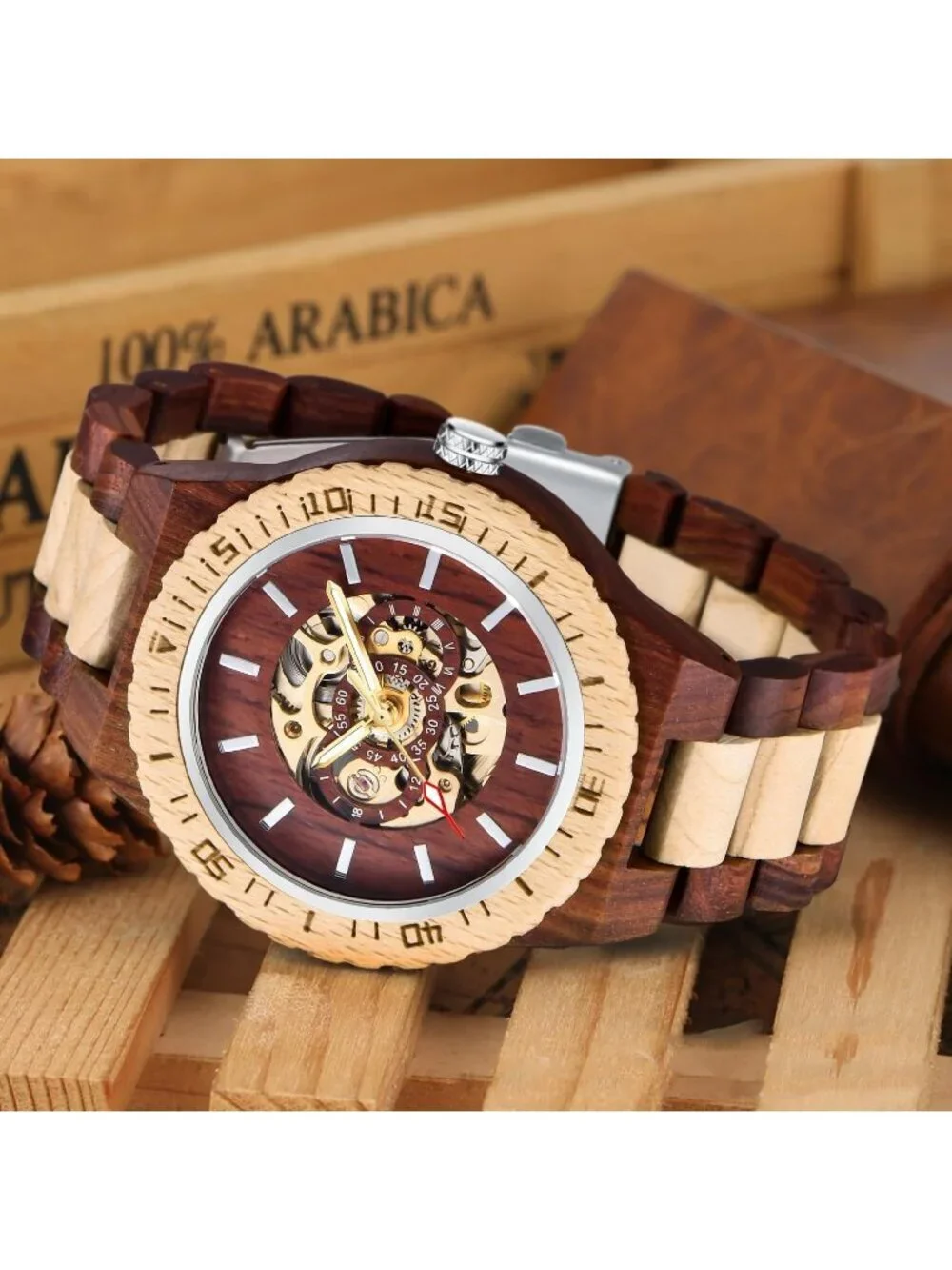 Men's Red And Beige Analog No Battery Fashion Mechanical Movement Wooden Watch